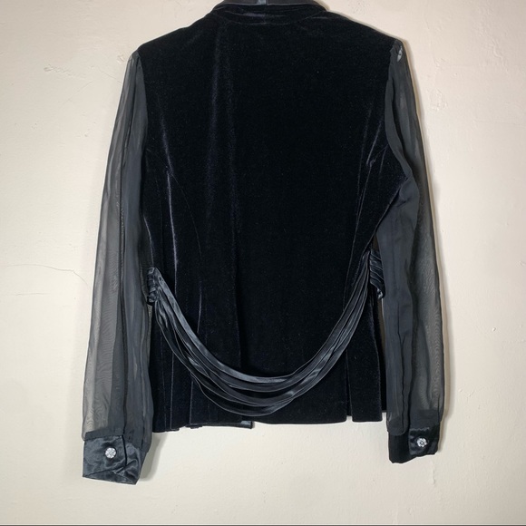 Vintage black velvet v neck one button dress top  illusion sleeves sz M - Picture 11 of 13
